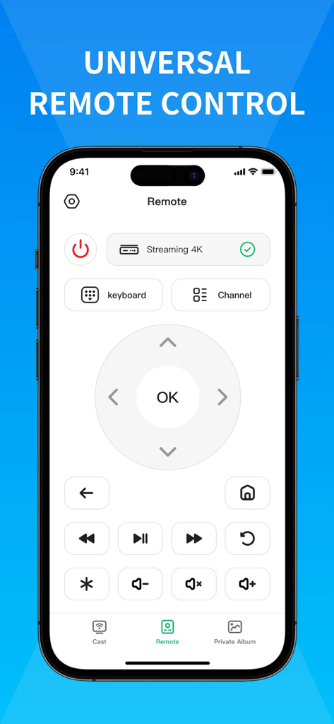 Miracast Screen Mirroring . - Un smartphone que muestra una interfaz de control remoto universal para televisores inteligentes con botones de navegación y reproducción