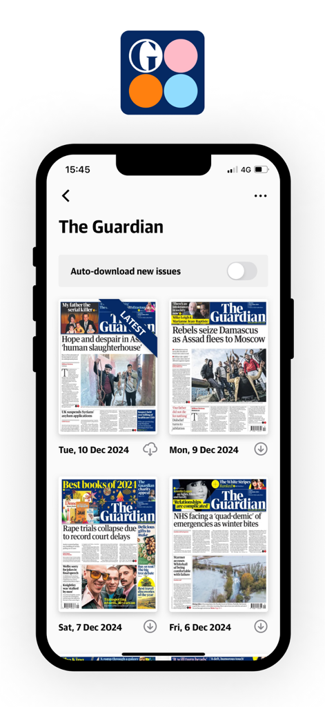 The Guardian Editions - La interfaz de la aplicación The Guardian Editions mostrando una lista de portadas recientes de periódicos y un interruptor de descarga automática en un dispositivo móvil.