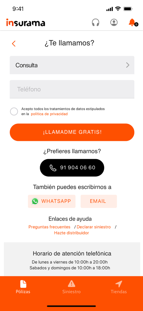 Insurama - Pantalla de la app Insurama que muestra opciones de contacto de soporte al cliente, incluido teléfono y WhatsApp