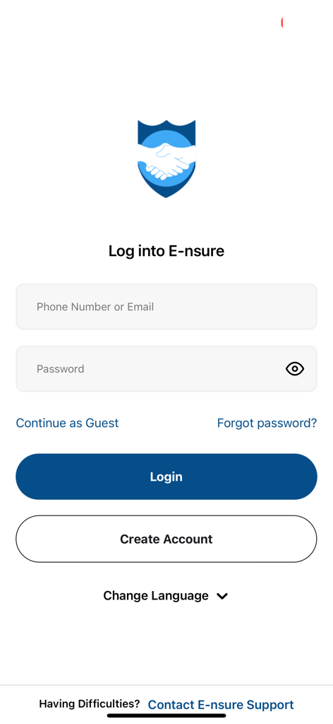 La página de inicio de sesión de la aplicación E-nsure que presenta campos de nombre de usuario y contraseña y un botón para crear una cuenta.
