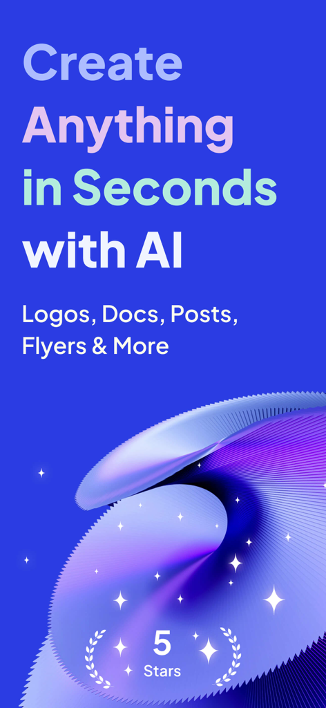 Fluer AI design app promotional screen showing quick logo and social media content creation with a five star rating