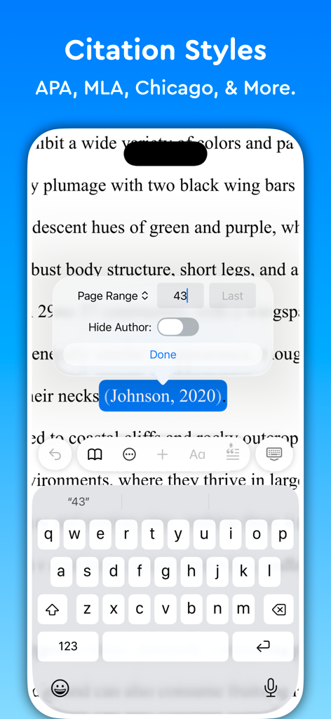 iPhone interface of Essayist app showing academic citation styles and in-text reference editing options
