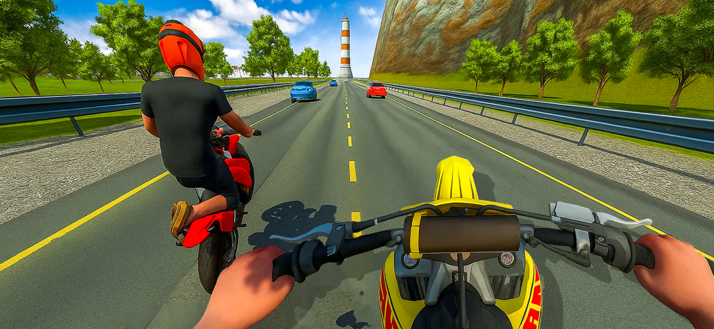 Wheelie Bike Life Rider Games - First person view of a yellow dirt bike racing on a highway with another rider performing a wheelie.