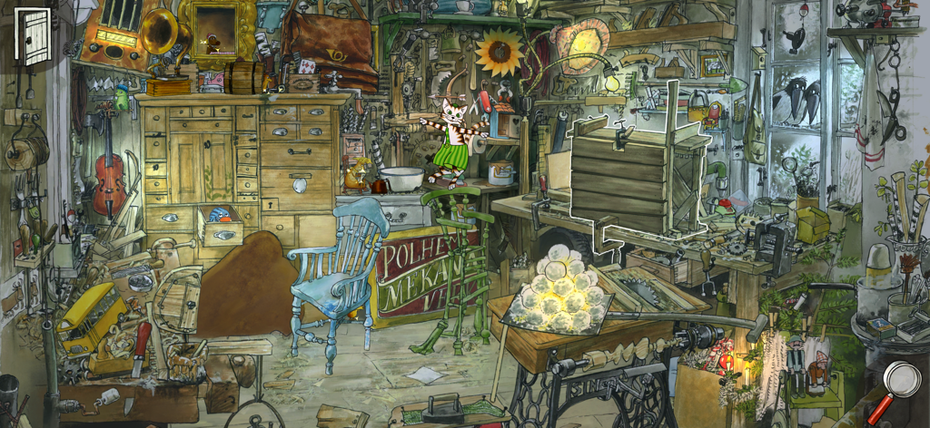 Findus le chat dans un atelier détaillé dessiné à la main, rempli d'outils et de gadgets fantaisistes