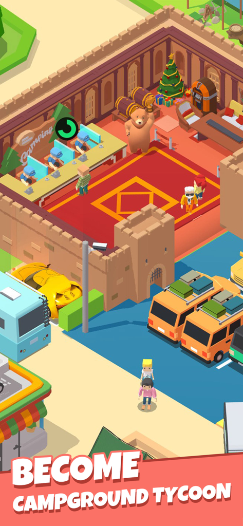 Camping Tycoon-Idle RV life - Uma visão isométrica 3D de uma área de recepção de acampamento com funcionários e veículos de RV estacionados em Camping Tycoon