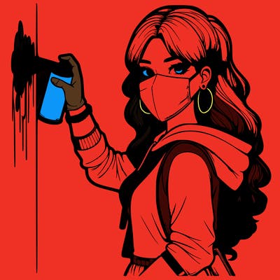 realistic girl with mask spray painting a wall