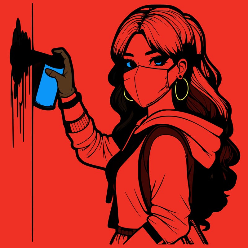 realistic girl with mask spray painting a wall