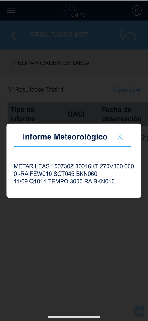 ICARO app screen displaying a METAR aviation weather report pop-up