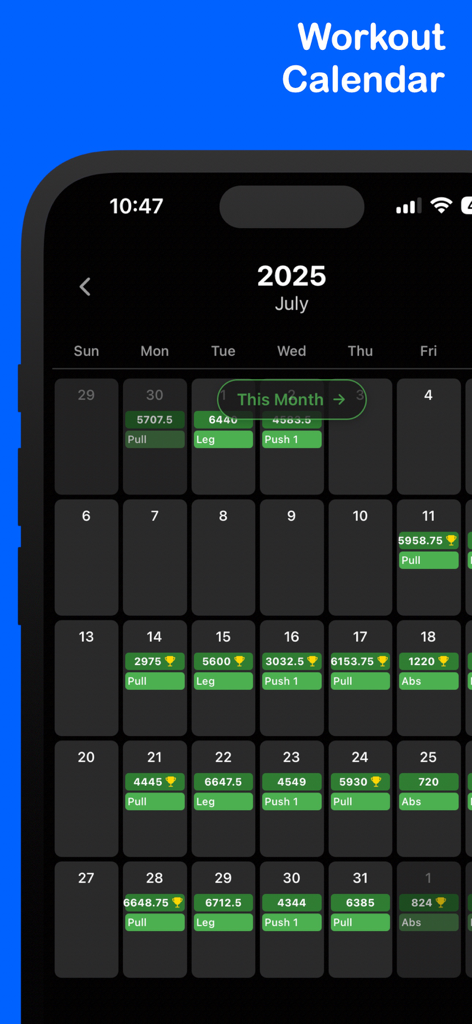 Fitlog Workout Tracker Gym Log - Vista de calendario mensual de entrenamientos en la aplicación Fitlog que muestra sesiones de gimnasio registradas y volumen de entrenamiento