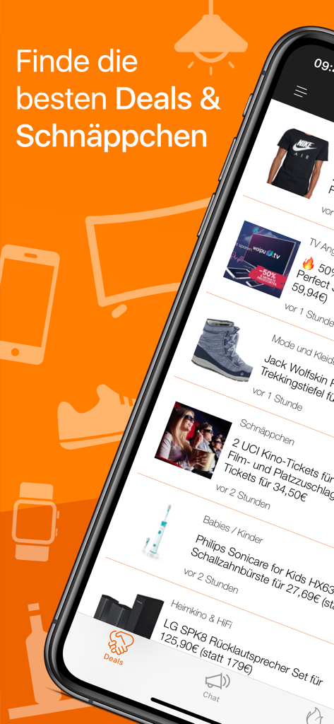 Mein Dealアプリのインターフェースに、さまざまなショッピングのお得情報や掘り出し物が表示されているスマートフォンの画面