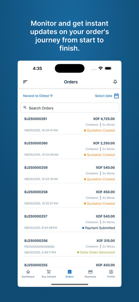 Mobile screen showing a list of cement orders with real-time status updates in the Karibu HM app.