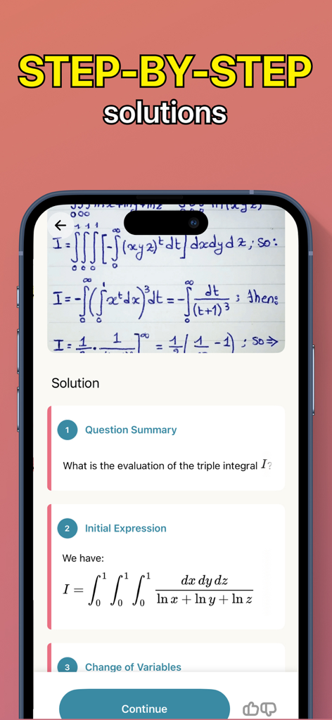 Yolk AI: Einstein AI Method - Yolk AI app interface showing a step by step solution for a complex calculus triple integral problem