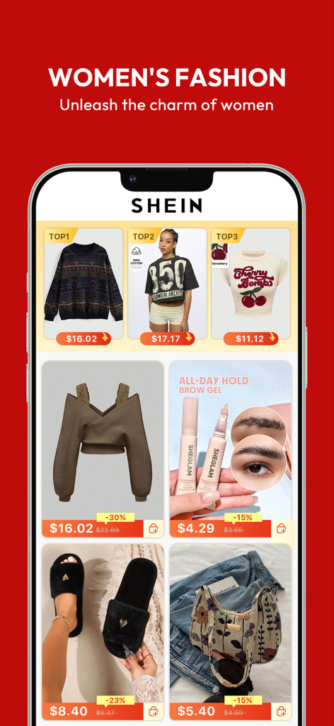 Interface do aplicativo móvel SHEIN exibindo vestuário feminino em alta e produtos de beleza com desconto.