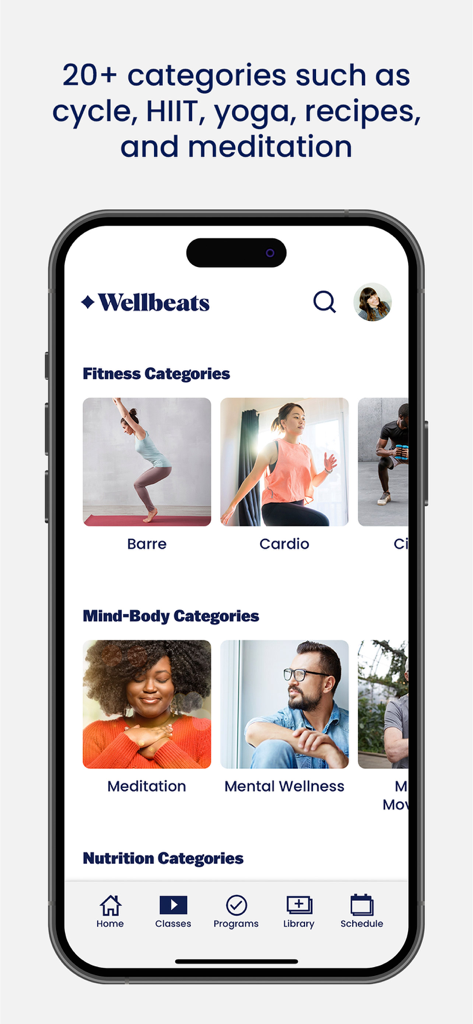 Wellbeats app interface displaying fitness, mind-body, and nutrition categories for employees