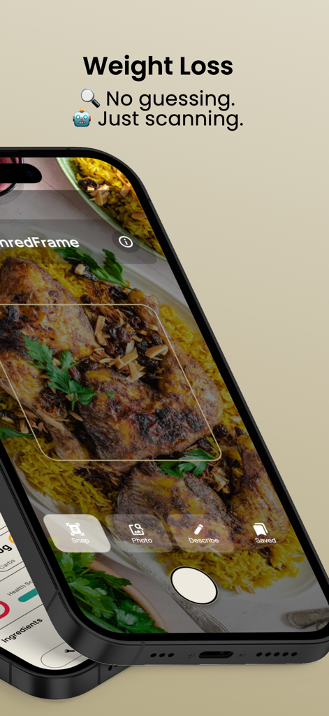 Interface de l'application ShredFrame scannant une assiette de poulet et de riz pour le suivi des calories et la perte de poids