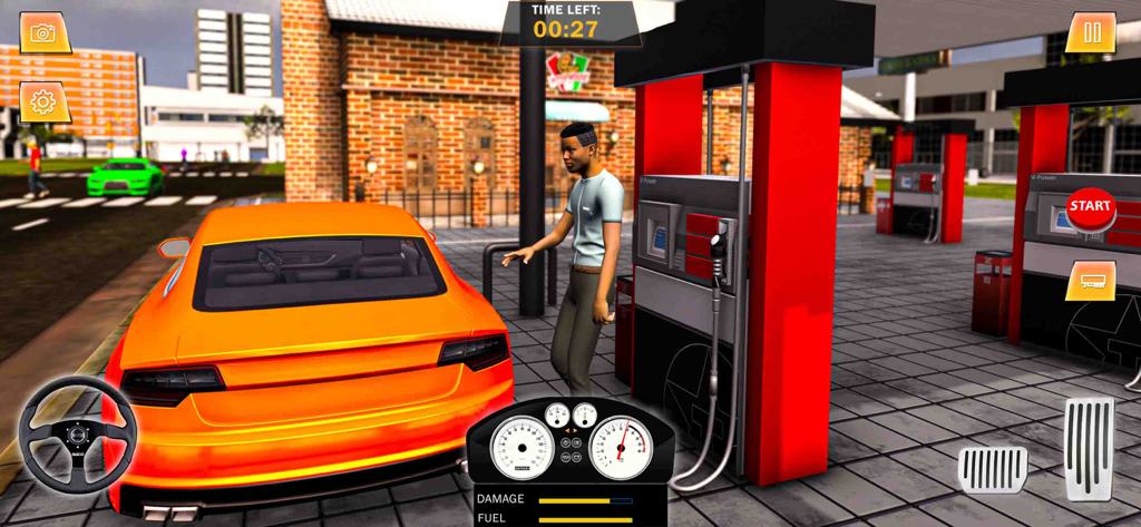 Gas Station Junkyard Sim Game - Un coche deportivo naranja en una bomba de gasolina en el juego Gas Station Junkyard Sim