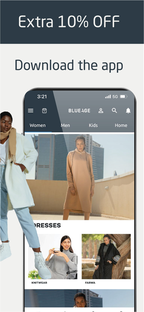 Blueage - Fashion Online - Blueage mobile app interface featuring women fashion trends and a ten percent discount download offer