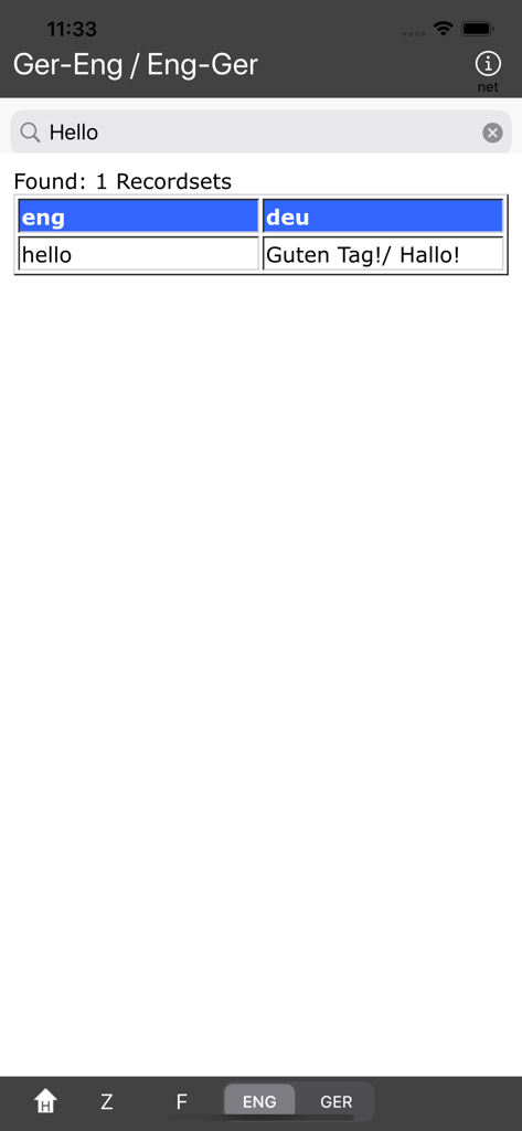 Ger/Eng - Eng/Ger - A screenshot of the Ger-Eng dictionary app showing an English to German translation for the word Hello.