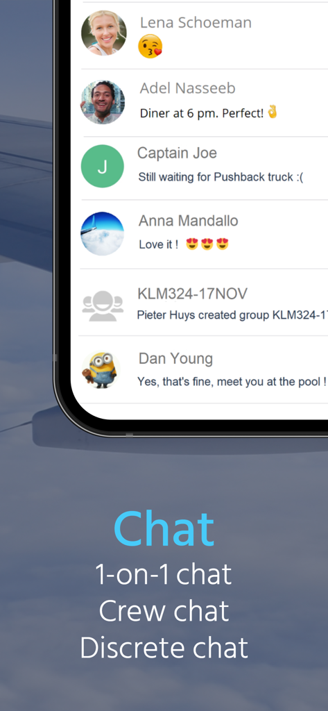 Chat-Oberfläche für Flugbesatzungen in der CrewLounge CONNECT App, die Einzel- und Gruppennachrichten anzeigt