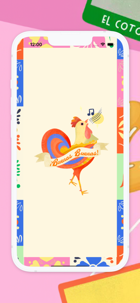 Buenas - Baraja de Loteria - Pantalla de presentación de la app Buenas Loteria con un gallo colorido y el texto Buenas Buenas.