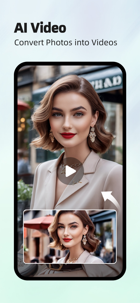 Linpo: Photo Dance & AI Filter - Linpo app interface showing the AI Video feature converting a portrait photo into an animated video