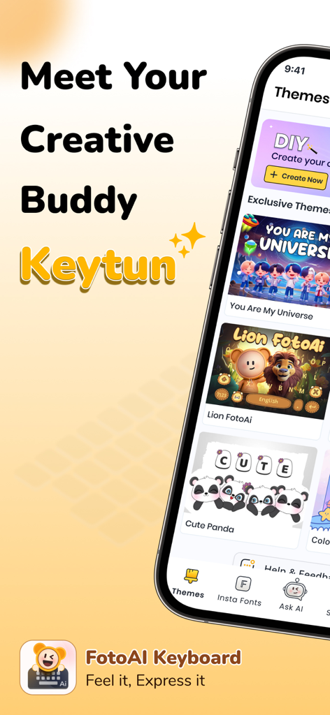 Font & Emoji Keyboard: FotoAI - Interface do aplicativo Teclado FotoAI mostrando temas personalizados como estrelas de K-pop, leões e pandas