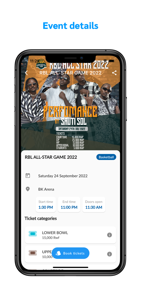 TICQET - A screenshot of the TICQET mobile app showing event details for the RBL All-Star Game at BK Arena featuring ticket categories and a booking button.