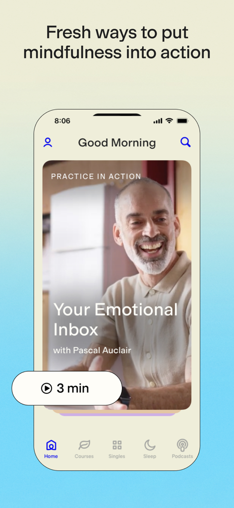 Pantalla de inicio de la aplicación Meditación Más Feliz que muestra una sesión de práctica de 3 minutos titulada Tu Bandeja de Entrada Emocional.