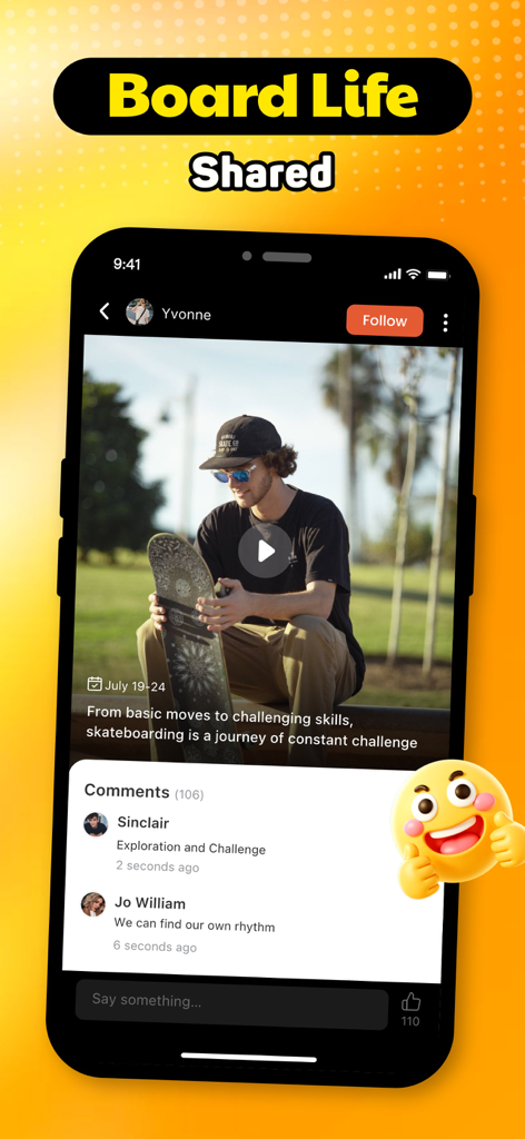 Interfaz móvil que muestra un video de skateboarding y comentarios de la comunidad en Tinkle