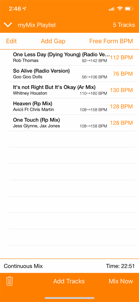 Yes!GO - Screenshot of the Yes!GO app showing a custom workout playlist with individual track BPM adjustments and continuous mix settings.