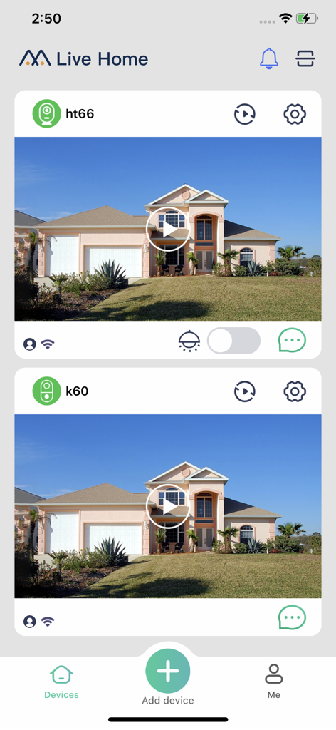 Panel de la aplicación LiveHome mostrando transmisiones de cámaras de seguridad en vivo de una casa suburbana