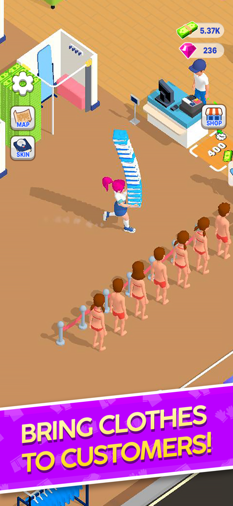 Beach Apparel - A character carrying a stack of clothes to customers waiting in line in a beach clothing store management game