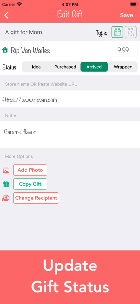 Interface for editing gift details and updating status in the Christmas Gift List Tracker app
