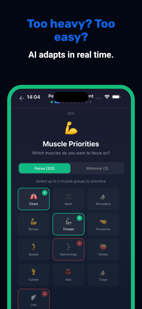 Arvo: AI Workout Coach - Arvo app interface for selecting muscle group priorities to focus on or minimize for AI-driven workout personalization.