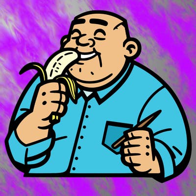 a large man that is eating a banana