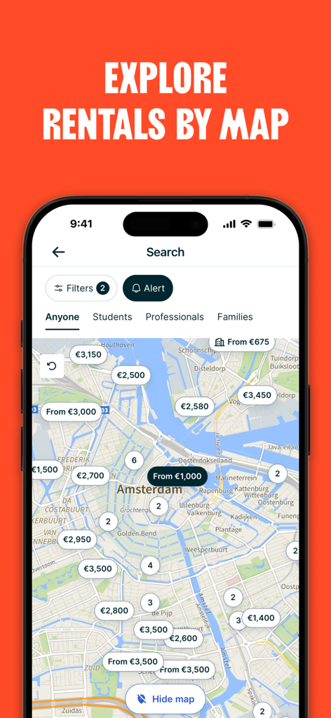 Mobile app screen showing a map of Amsterdam with rental price markers and search filters.