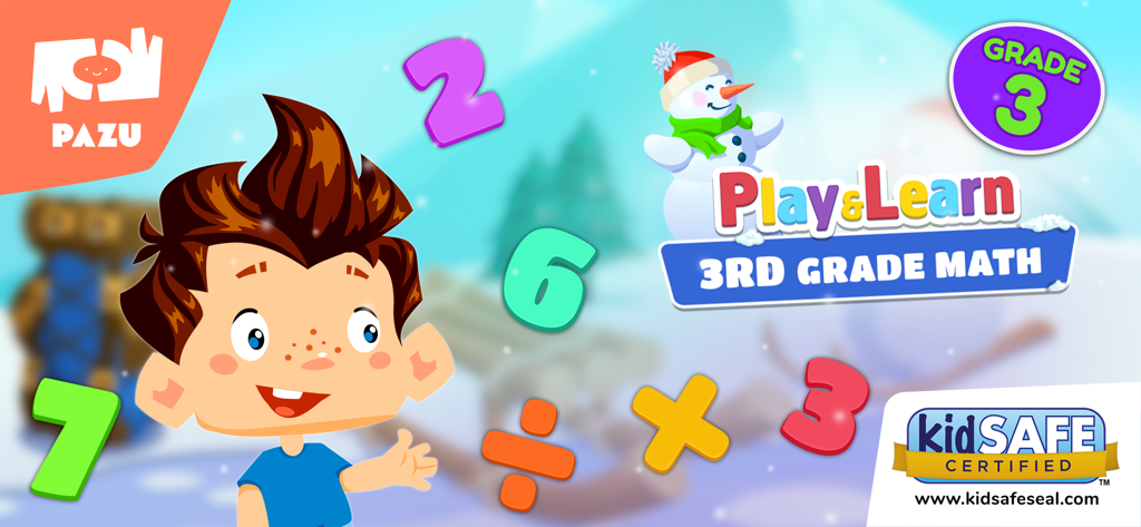 Math Games For Kids - Grade 3 - Promotional banner for Play and Learn 3rd Grade Math app by Pazu featuring a cartoon boy and snowman