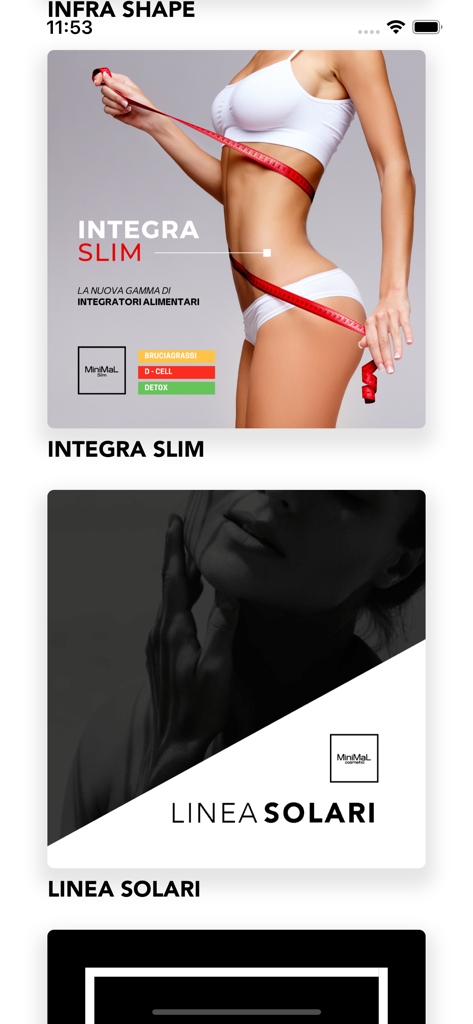 Interfaz de la aplicación Minimal Group Pro que muestra líneas de productos de belleza profesionales como Integra Slim y Linea Solari