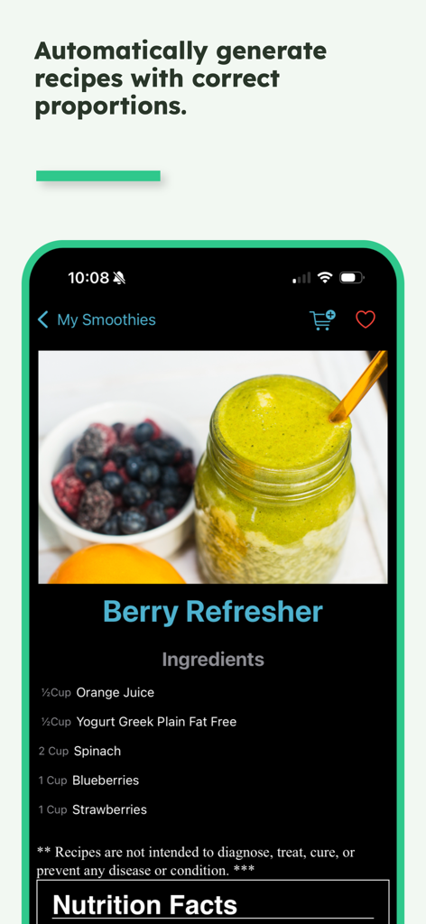 材料リスト付きのヘルシーなベリーリフレッシャーレシピが表示されたSimply Smoothiesアプリ画面