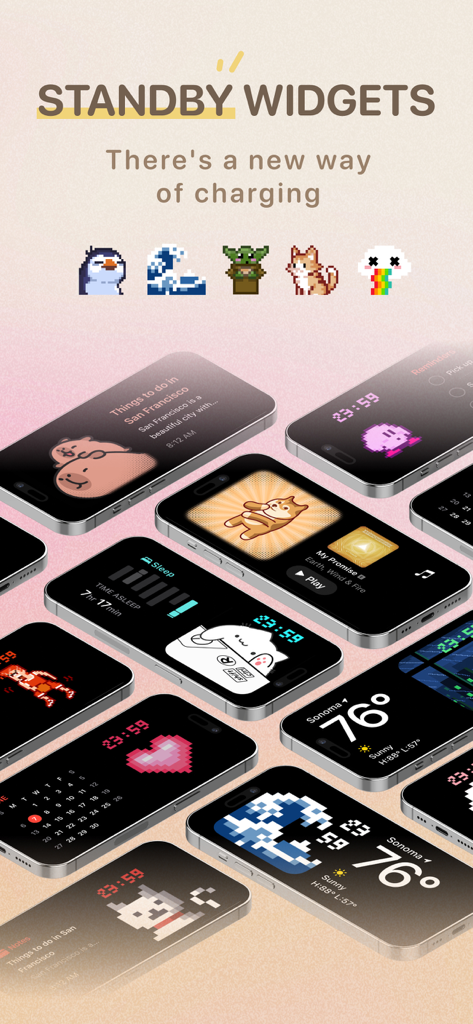 Collection of pixel art standby widgets on iPhones including weather clock and sleep tracking features