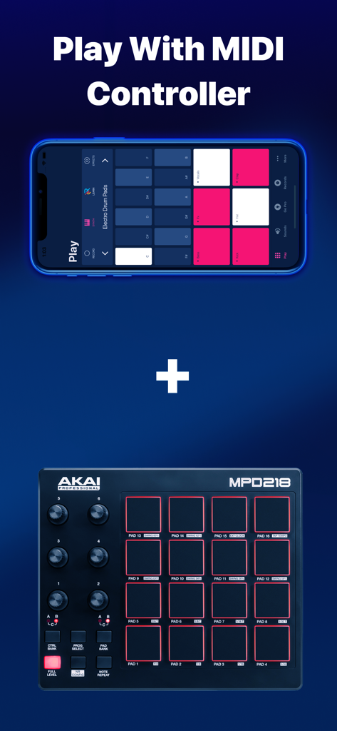 Interfaz de la aplicación Electro Drum Pads 24 mostrando soporte para controlador MIDI con un AKAI MPD218