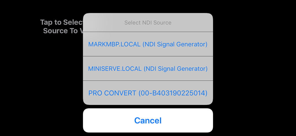 Interface of the NDI Monitor app showing a popup menu to select available NDI video sources on the local network.
