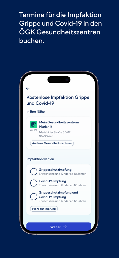 Meine OEGK App-Bildschirm zur Buchung von Grippe- und Covid-19-Impfungsterminen in österreichischen Gesundheitszentren
