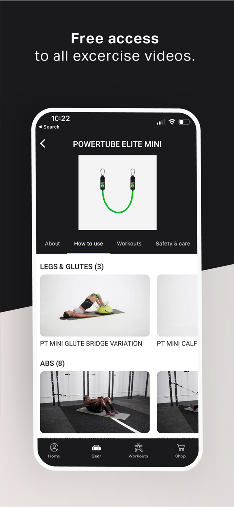 PTP - PTP fitness app interface showing free access to resistance band exercise videos