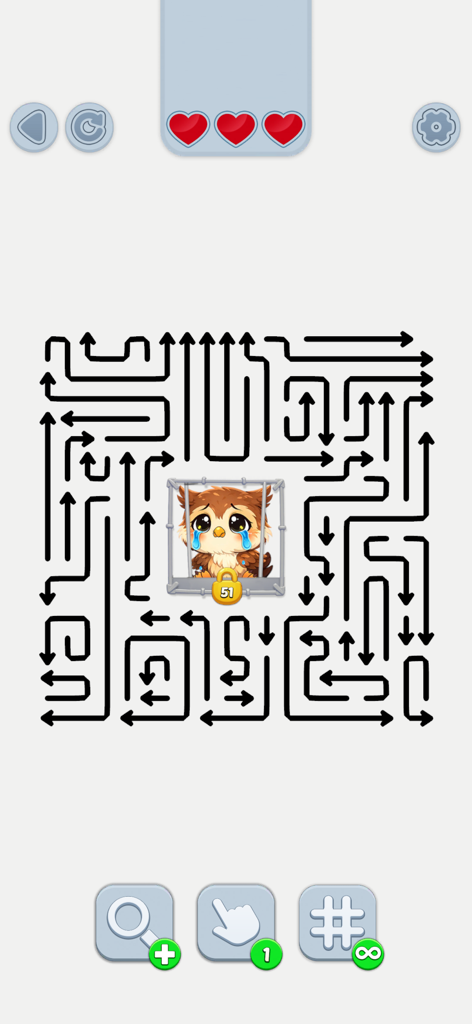 Arrow Rescue: Save the Animal - A casual puzzle game screen showing a sad owl trapped in a cage within a complex maze of black directional arrows.
