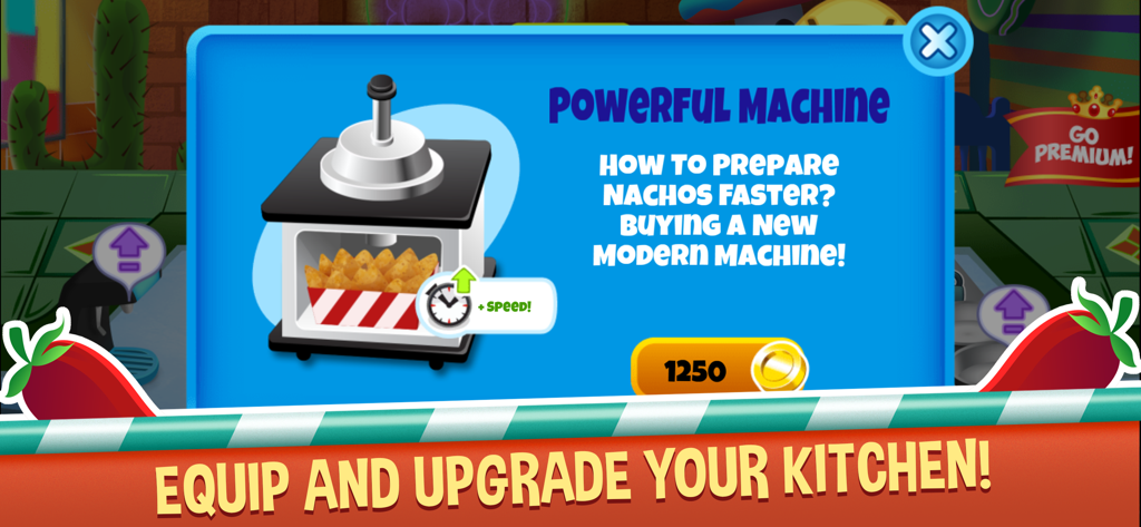 My Taco Shop: Chef Game - Interface pour améliorer la cuisine en achetant une puissante machine à nachos pour 1250 pièces dans My Taco Shop