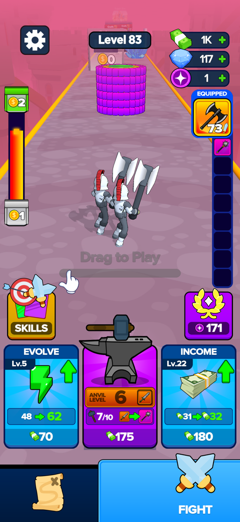 エイジブレイカーズのゲームプレイ。斧を持った騎士とキャラクターアップグレードメニューが表示されている。