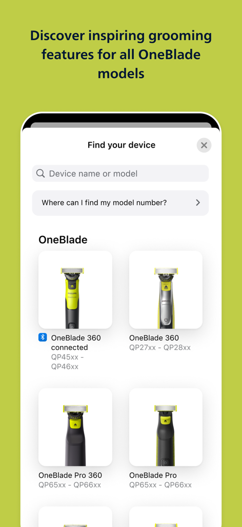 Philips OneBlade (Daily Care) - Find your device screen in the Philips OneBlade app showing various trimmer models