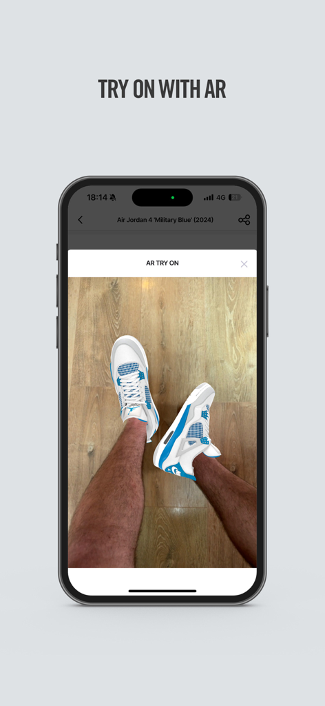 L'application KLEKT montrant un essai virtuel en réalité augmentée pour des baskets Air Jordan 4.