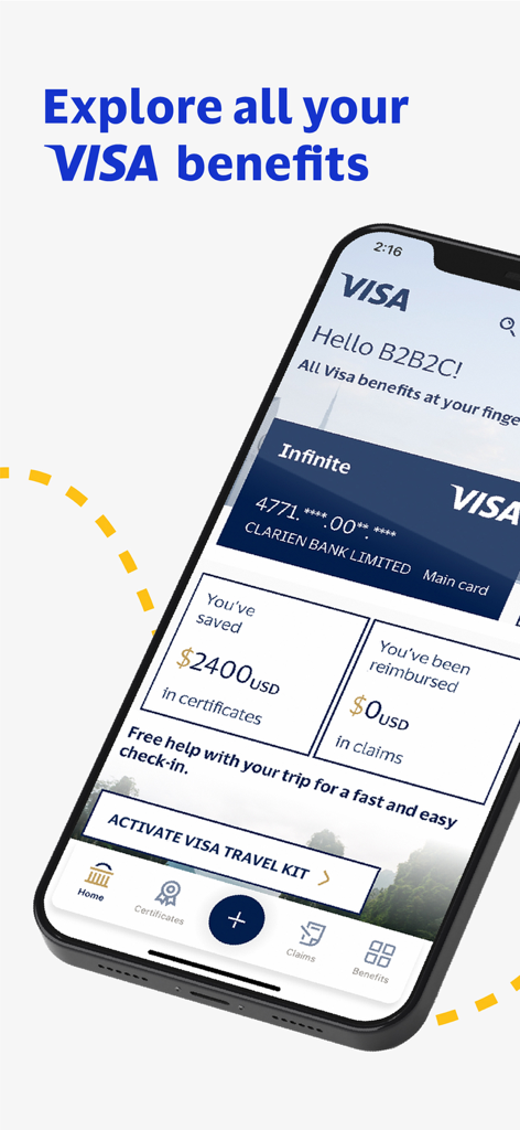 Visa Benefits app home screen showing Visa Infinite card details and travel certificate savings for LAC cardholders.